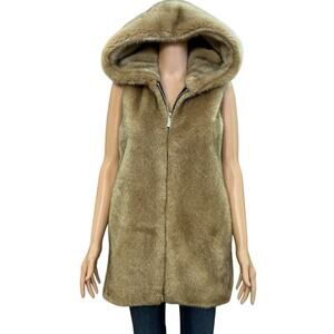 NEW Zara Faux Fur Vest Hooded Full Zip Tan Mid Length Sweater Heavyweight